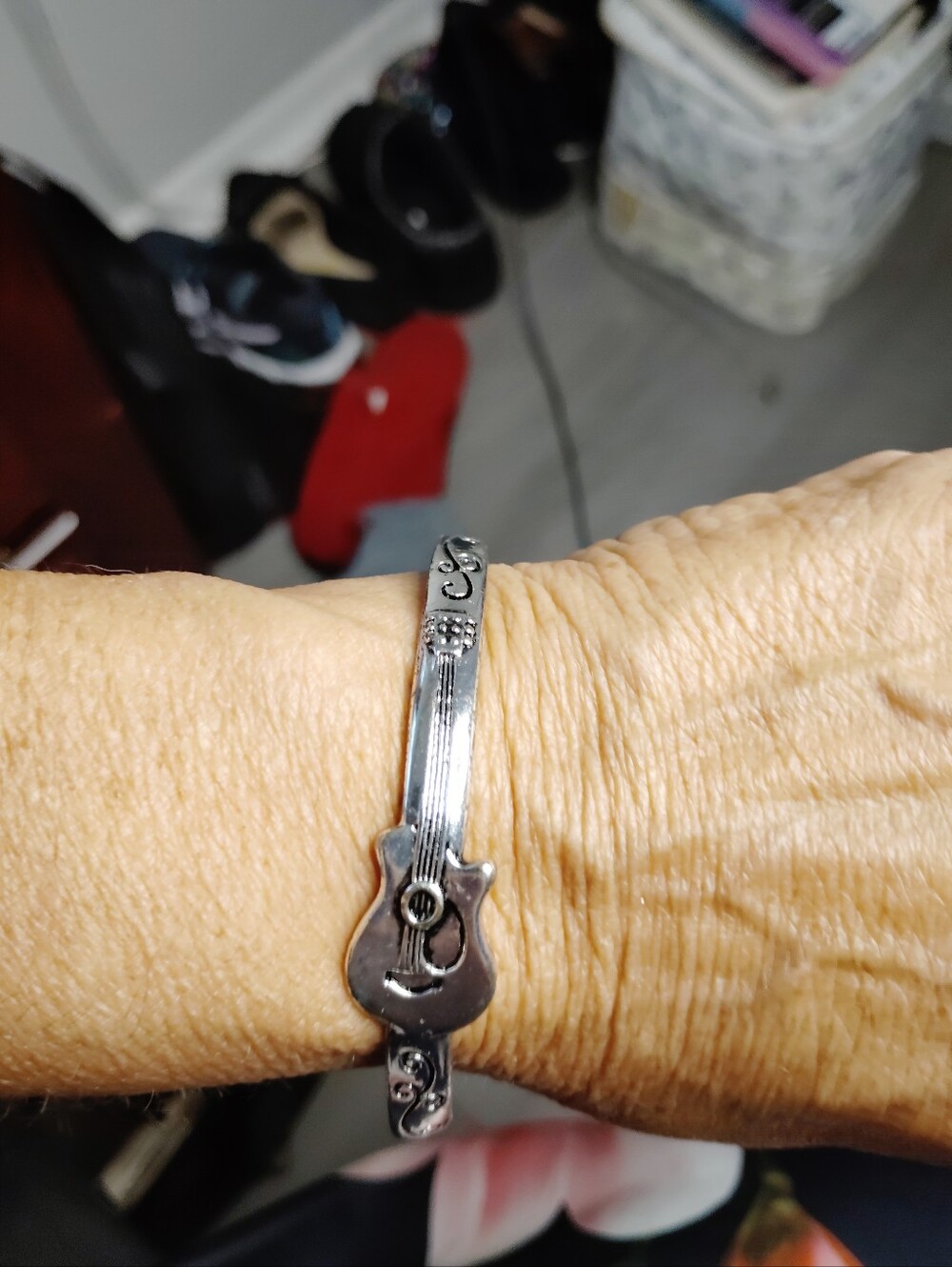 Silver Guitar Charm Cuff Bracelet With Biblical Verse - Women Accessories